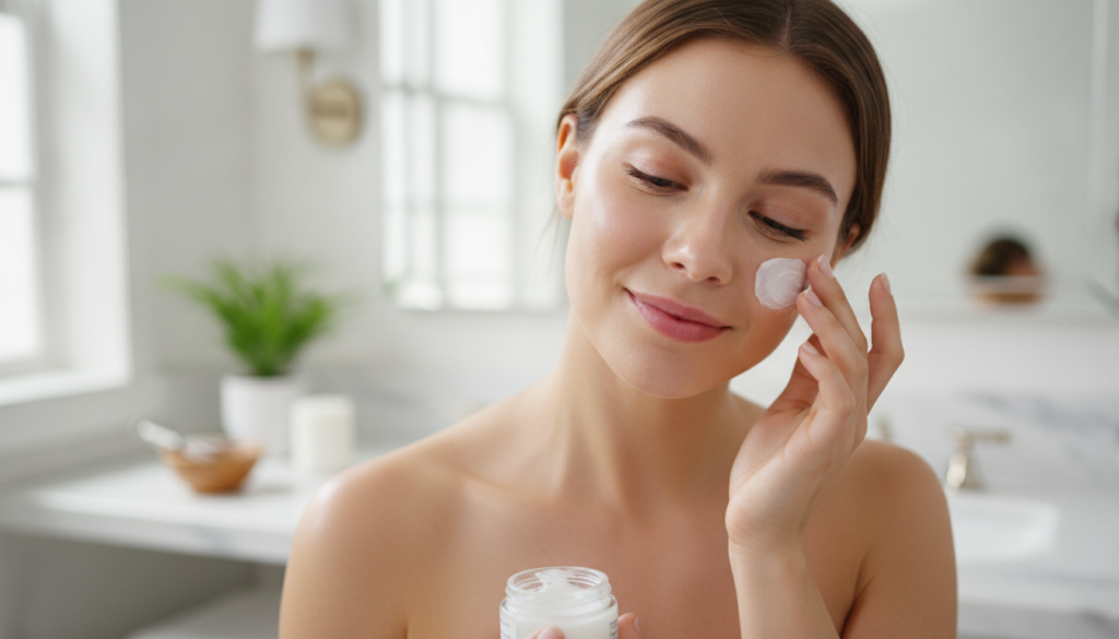 A woman gently applying the homemade Vaseline anti-aging cream to her face smiling softly with a smooth radiant complexi
