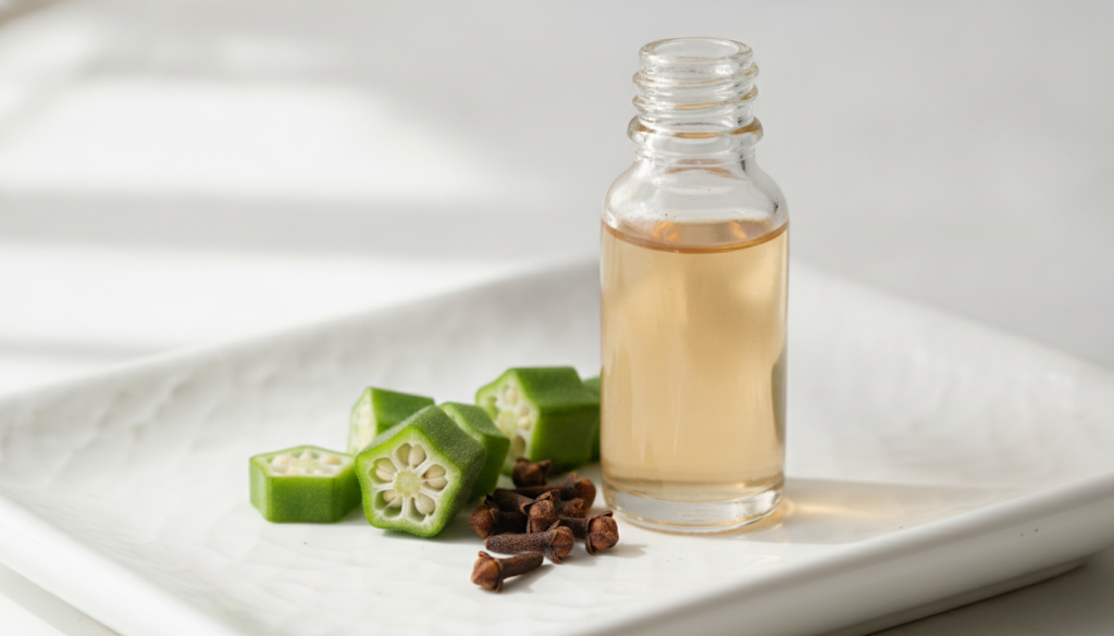 A small glass dropper bottle filled with a translucent light amber homemade serum next to fresh okra slices and whole cl