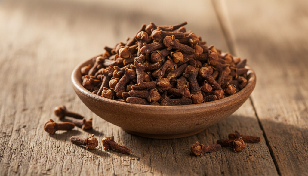 A small bowl filled with dried whole cloves with a scattering of cloves around it on a wooden background
