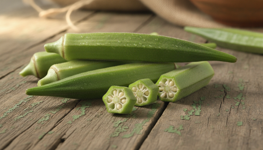 A close-up shot of fresh green okra pods on a rustic wooden surface with a soft natural light