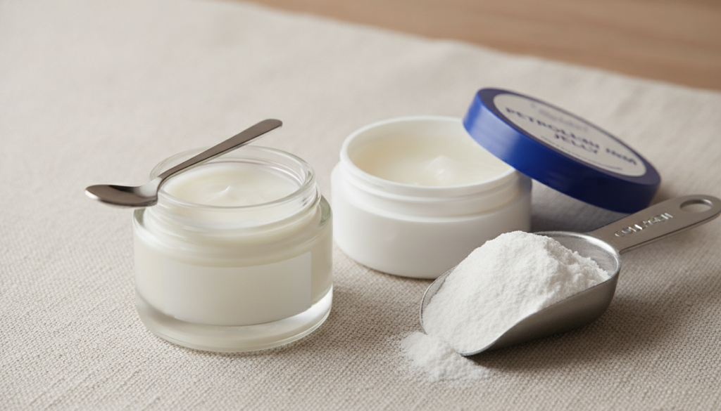 A close-up of a small clear glass jar containing a DIY cream with a small spoon The cream looks thick and white Beside i