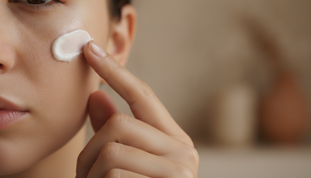 A person gently applying the homemade Vaseline and collagen cream to their face focusing on the under-eye area or cheeks