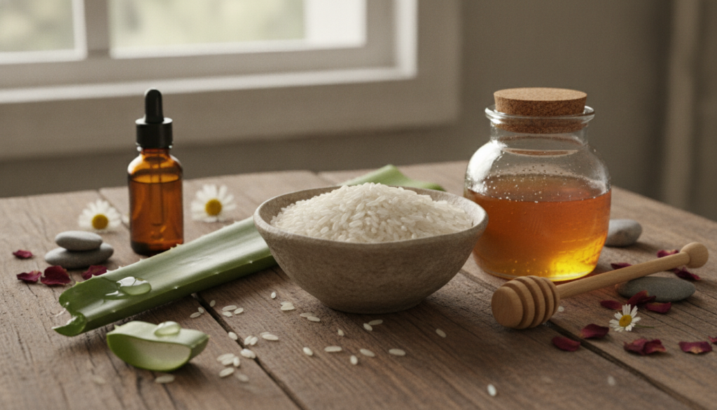 A collection of natural ingredients for DIY skincare including a bowl of white rice a jar of honey a fresh aloe vera lea
