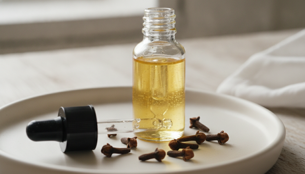 Close-up of a small glass dropper bottle filled with homemade clove anti-aging oil surrounded by dried cloves and a smal