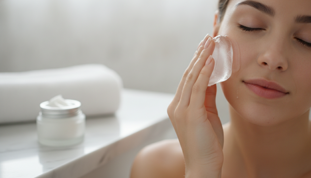 A woman gently massaging her face with an ice cube while a small tub of petroleum jelly sits nearby on a bathroom counte