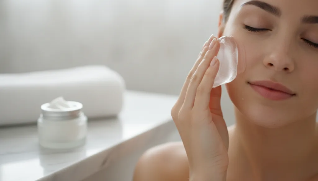 A woman gently massaging her face with an ice cube while a small tub of petroleum jelly sits nearby on a bathroom counte
