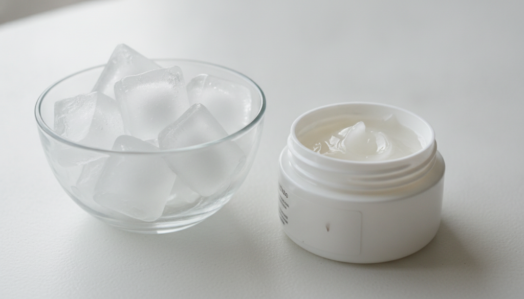 A close-up of a few ice cubes glistening in a small bowl next to an open jar of petroleum jelly on a light clean surface