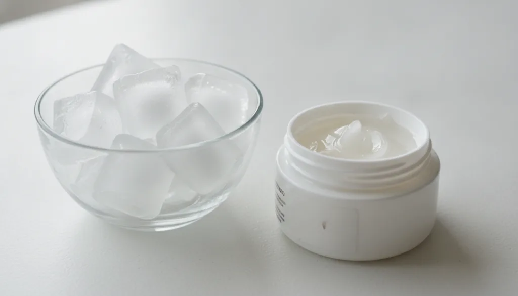 A close-up of a few ice cubes glistening in a small bowl next to an open jar of petroleum jelly on a light clean surface