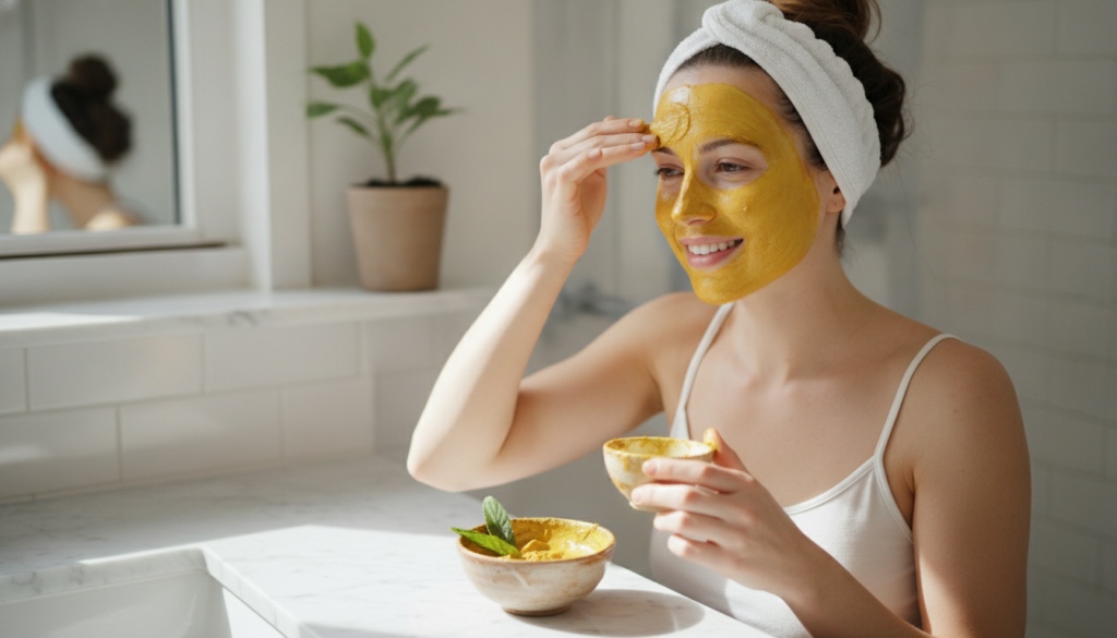 A woman gently applying a golden turmeric face mask to her clean face smiling softly Her hands are clean and there s a s