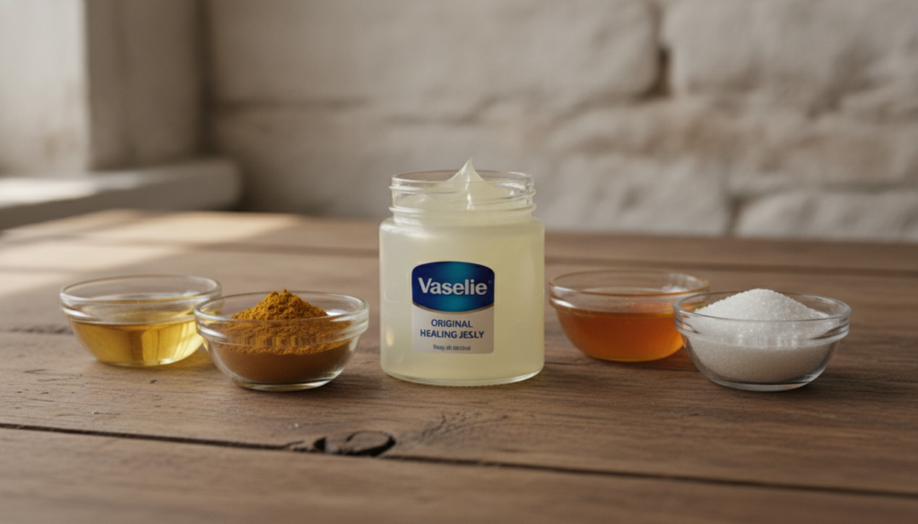 A close-up of a small open jar of Vaseline Original Healing Jelly next to bowls of ingredients like baby oil turmeric po