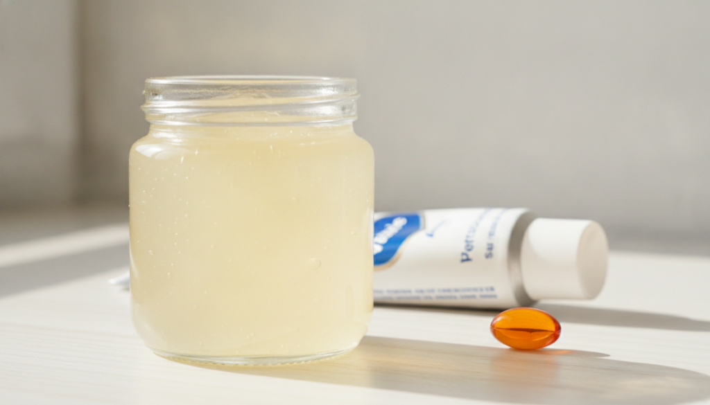 A small clear glass jar filled with a thick translucent slightly yellowish gel with a tube of Vaseline and a Vitamin E c