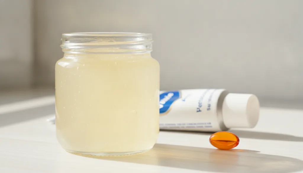 A small clear glass jar filled with a thick translucent slightly yellowish gel with a tube of Vaseline and a Vitamin E c