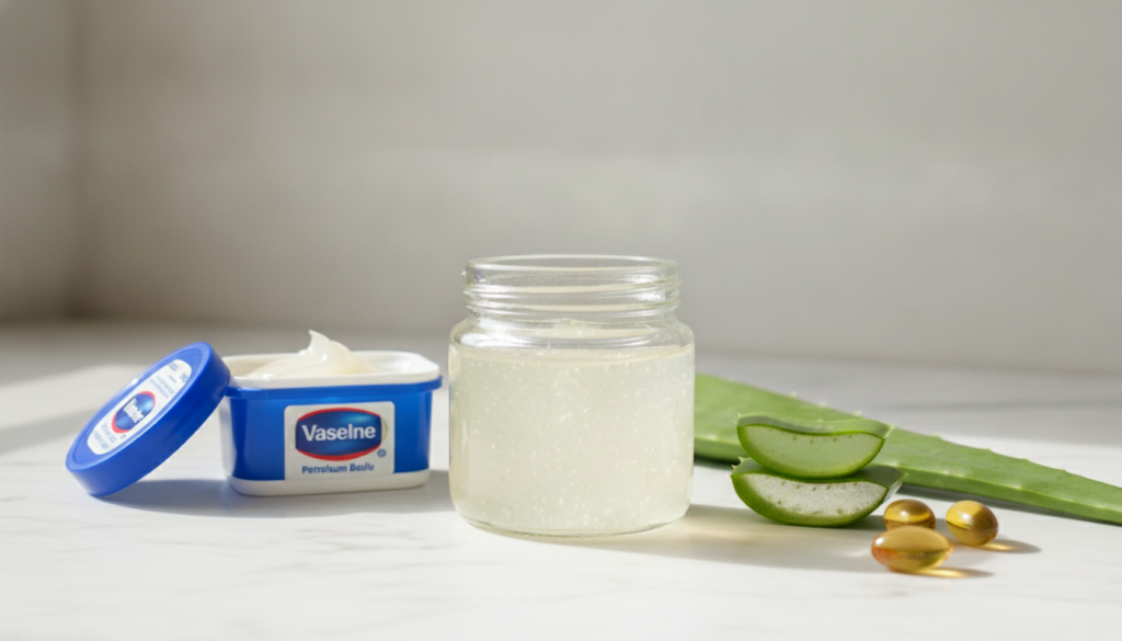 A small clear jar filled with a translucent homemade overnight collagen gel Around it are individual ingredients a tub o