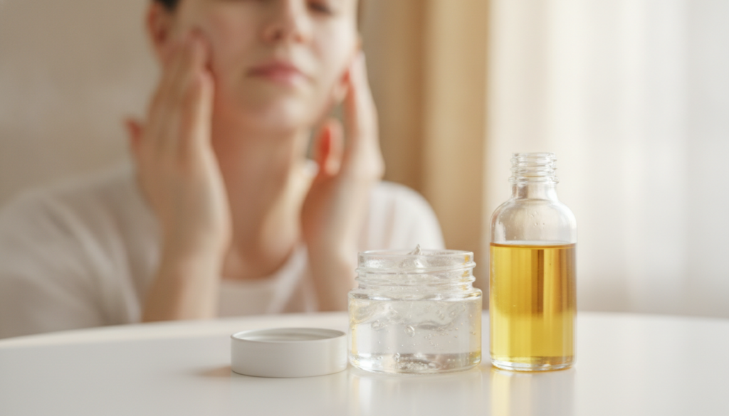 A small clear jar of petroleum jelly Vaseline next to a bottle of sweet almond oil on a clean white surface with a hand 