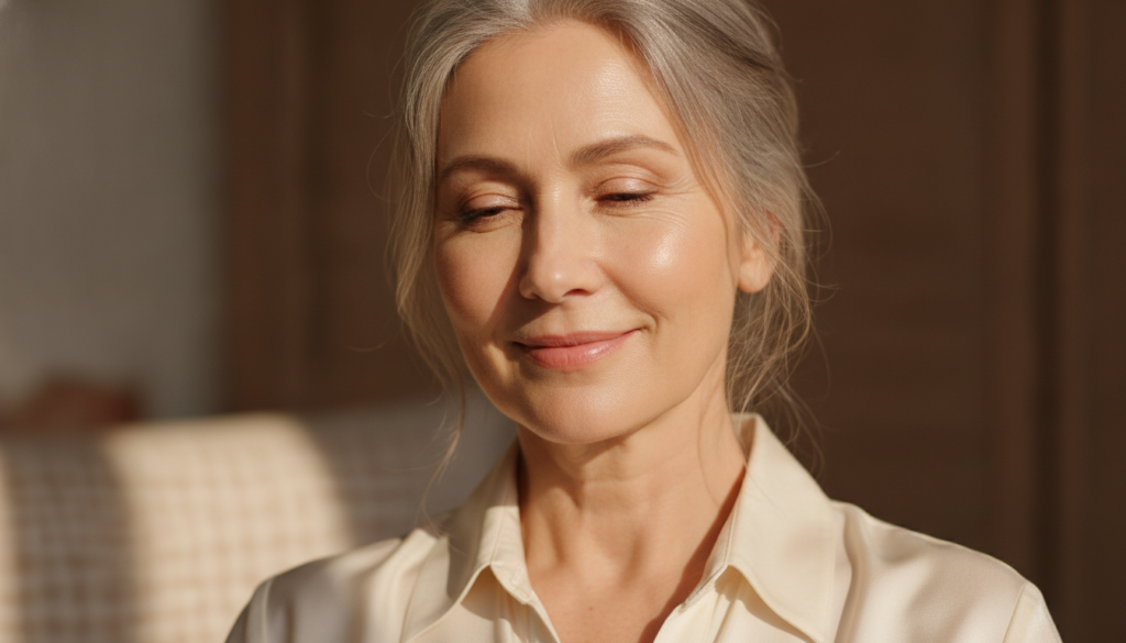 A close-up of a woman s radiant smooth face possibly in her 50s but looking much younger with a soft natural glow Her sk
