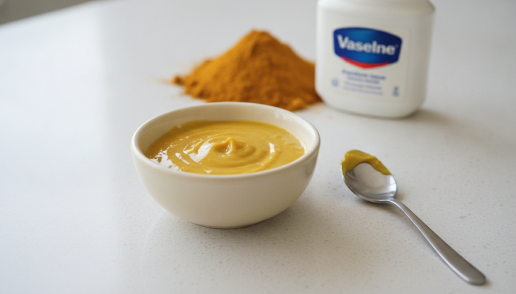 A small bowl with a golden-yellow turmeric and Vaseline paste with a spoon nearby and some raw turmeric powder and a jar