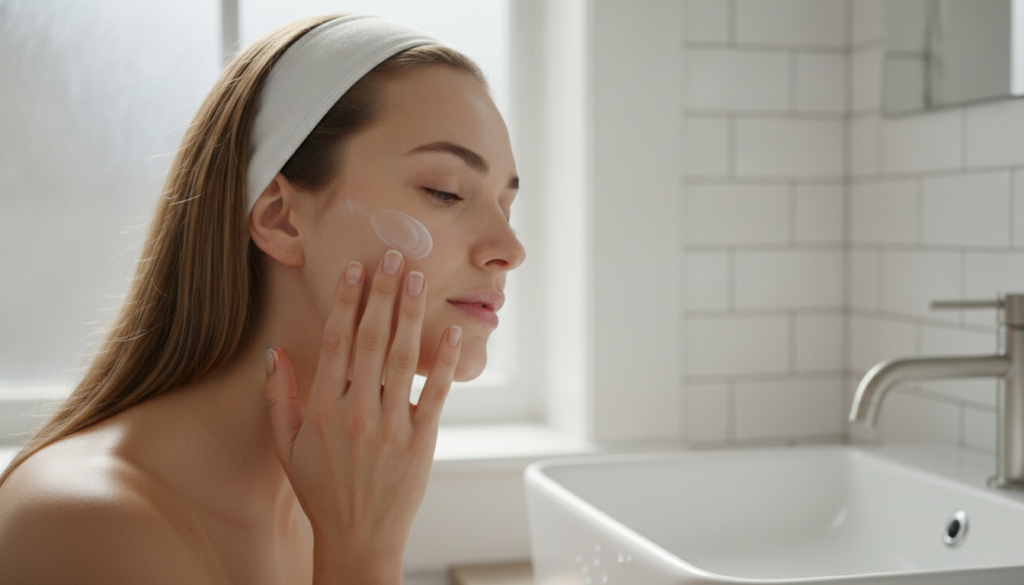 A person s hands gently massaging a small amount of the Vaseline and baking soda paste onto their clean face with a focu