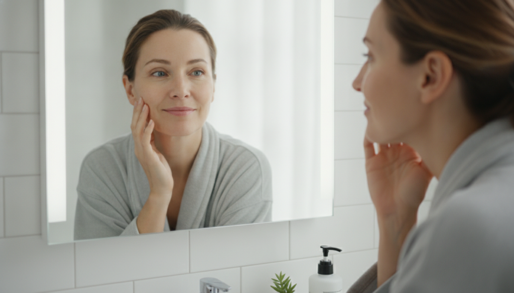 A person looking at their reflection in a mirror touching their smooth radiant-looking skin with a happy expression embo