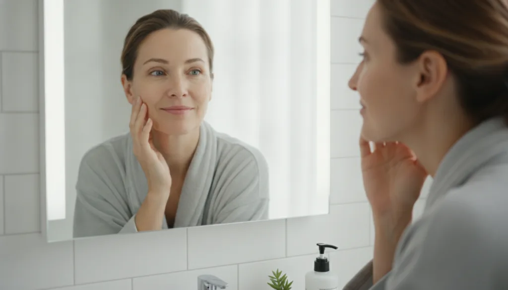A person looking at their reflection in a mirror touching their smooth radiant-looking skin with a happy expression embo