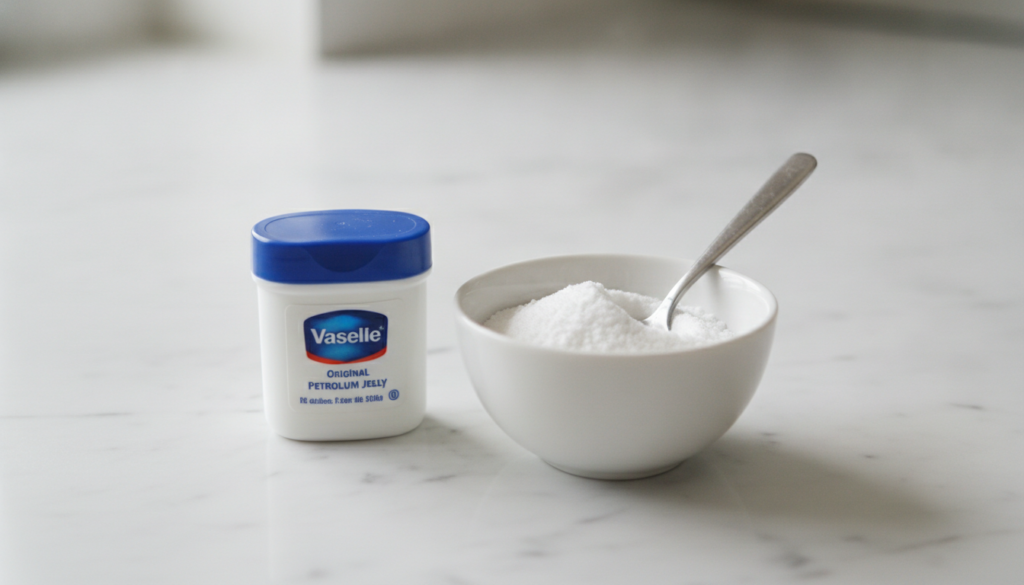 A small tub of Vaseline next to a small bowl of baking soda perhaps with a mixing spoon on a clean light-colored surface
