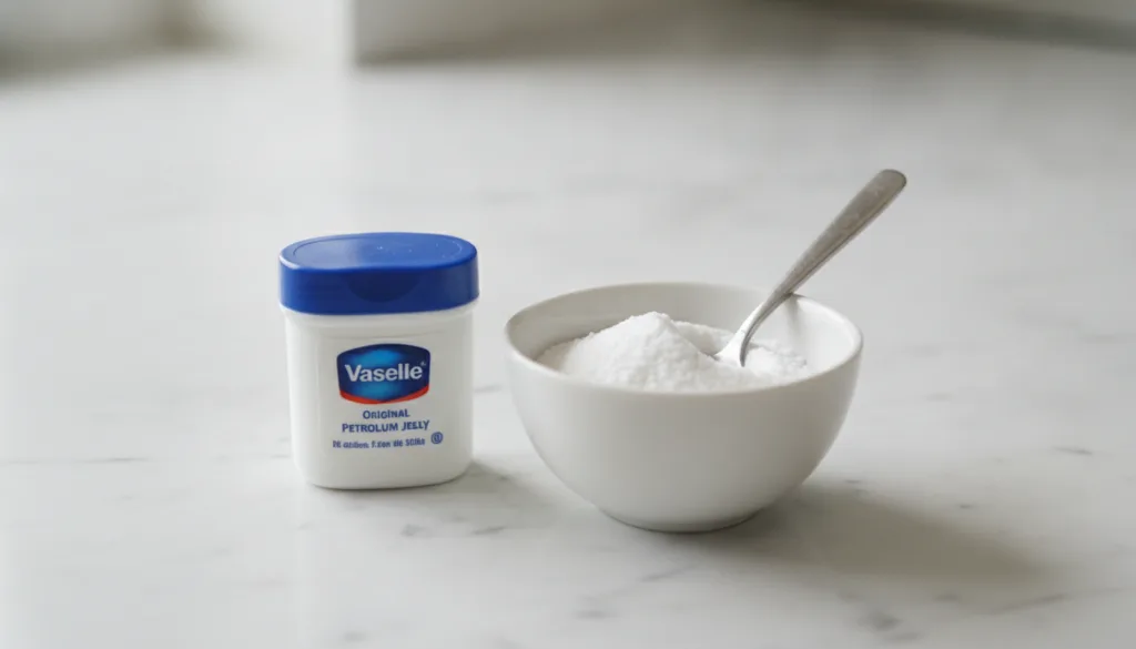 A small tub of Vaseline next to a small bowl of baking soda perhaps with a mixing spoon on a clean light-colored surface