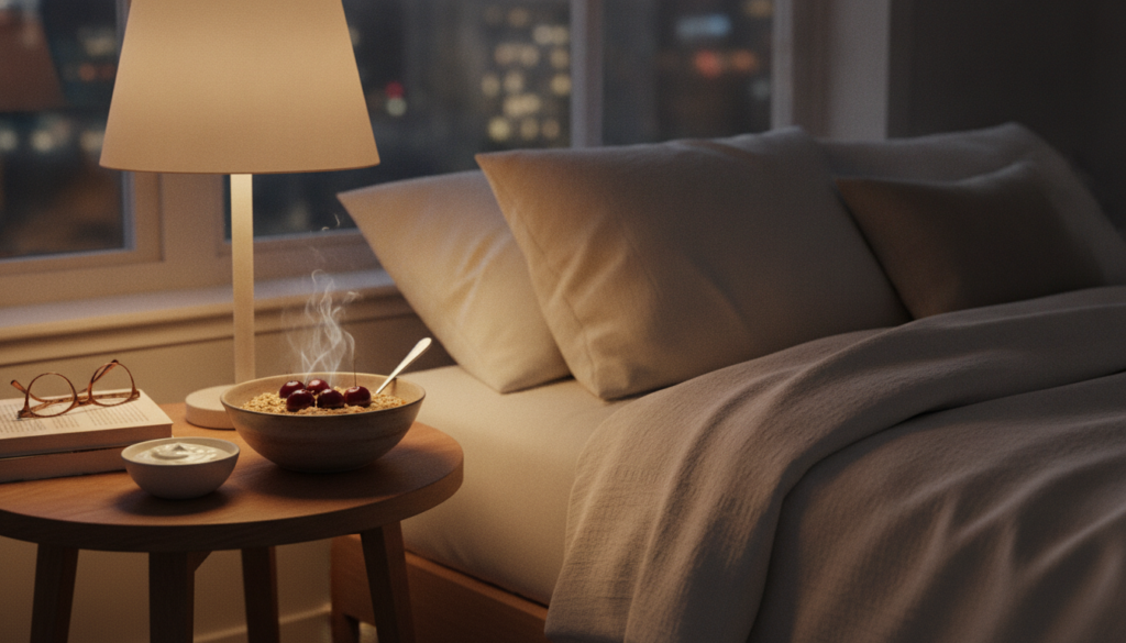 A cozy bedroom scene at night with a bowl of oatmeal topped with fresh cherries and a side of yogurt suggesting a relaxi