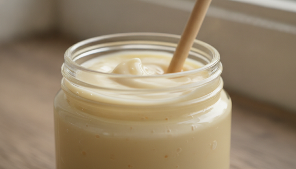 A small clear glass jar with a creamy light yellow mixture of Vaseline and honey A wooden stirring stick is gently place