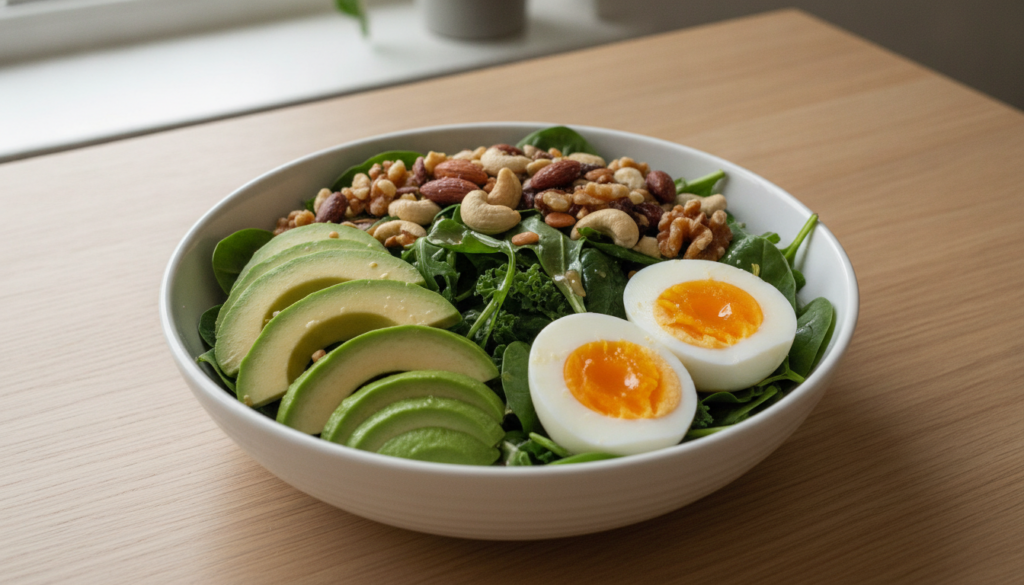 A balanced lunch bowl featuring avocado sliced hard-boiled eggs and mixed nuts alongside a colorful salad on a light woo