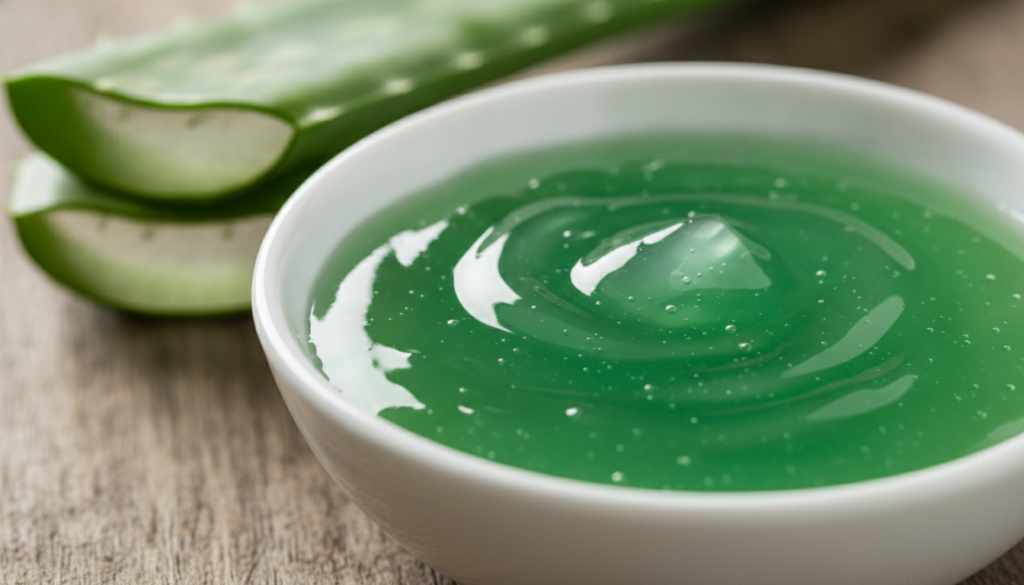 A small white bowl containing a smooth translucent green mixture of Vaseline and aloe vera gel A fresh aloe vera leaf is