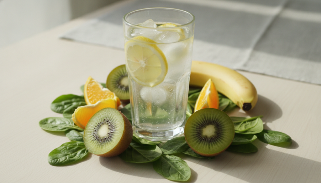 A refreshing glass of water with lemon slices surrounded by fresh fruits and vegetables known for high water content spi