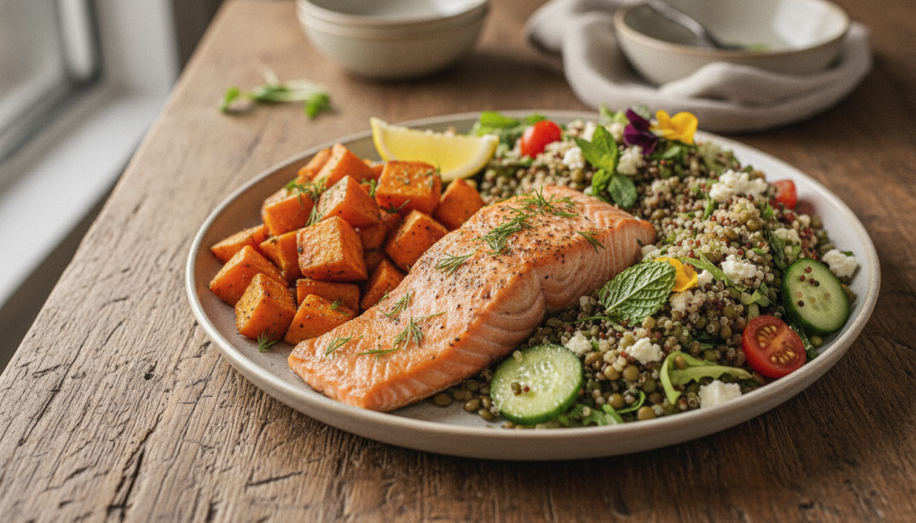 A wholesome meal featuring a flaky salmon fillet a side of roasted sweet potatoes and a serving of lentil and quinoa sal