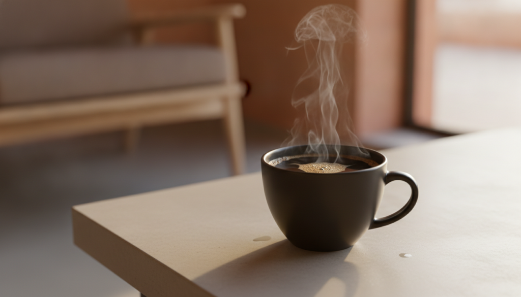 A single steaming cup of coffee placed on a minimalist table representing moderation and mindful consumption with soft b