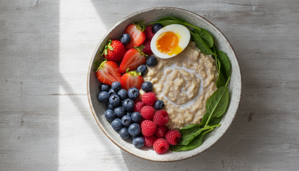 A colorful vibrant bowl of mixed berries a serving of oatmeal a perfectly cooked egg and fresh spinach leaves highlighti