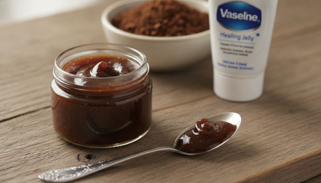 A small glass jar filled with a brown slightly grainy coffee gel with a spoon beside it and a tube of Vaseline and a sma