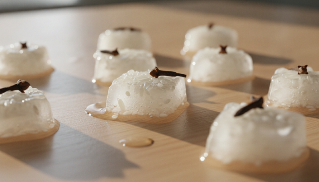 A collection of ice cubes with visible rice grains and small clove pieces inside placed on a light-colored rustic wooden