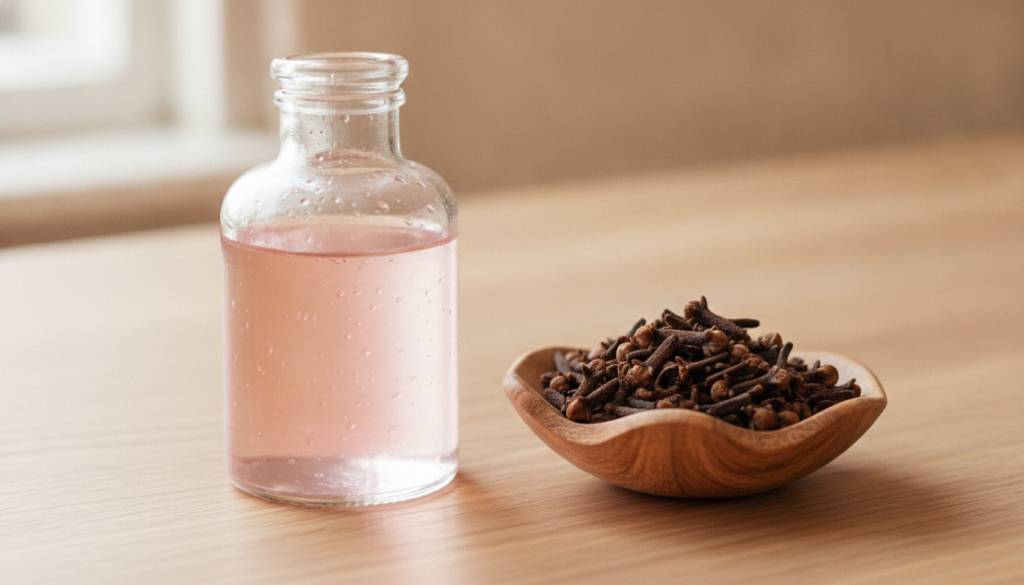A close-up shot of rose water in a clear bottle and whole cloves in a small wooden bowl against a soft natural backgroun
