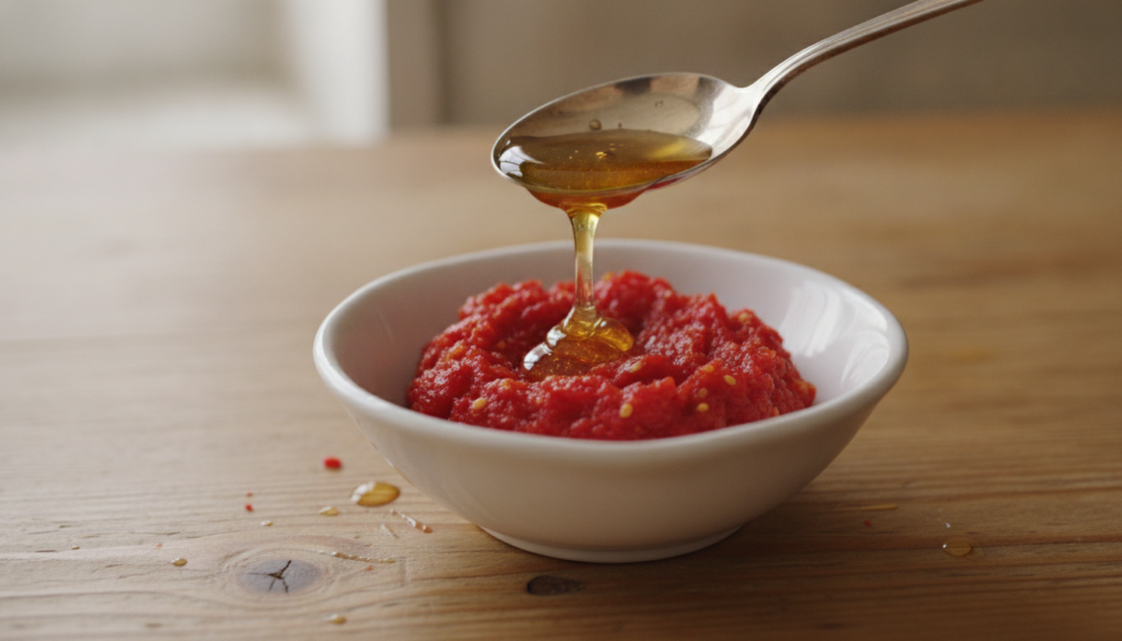 Close-up of a bowl containing mashed tomato pulp mixed with a spoonful of honey ready to be blended into a face mask