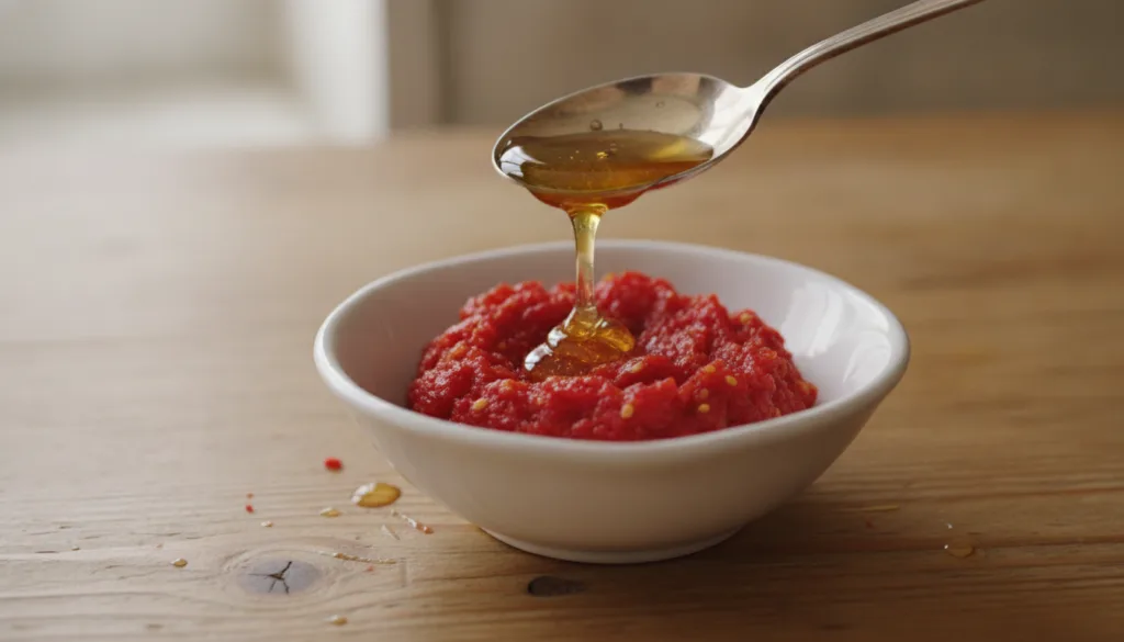 Close-up of a bowl containing mashed tomato pulp mixed with a spoonful of honey ready to be blended into a face mask
