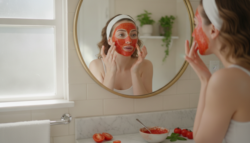 A woman applying a tomato face mask to her clean face with her fingertips in a brightly lit bathroom
