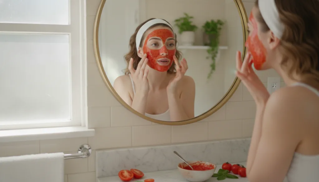 A woman applying a tomato face mask to her clean face with her fingertips in a brightly lit bathroom