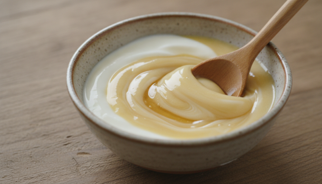 Close-up of a small bowl with honey yogurt and almond oil being mixed with a spoon showing a golden paste forming