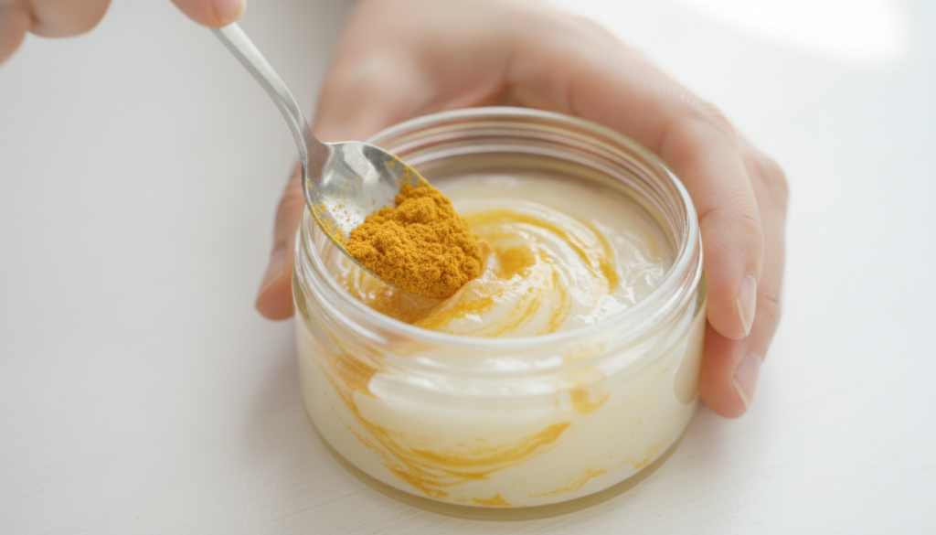 Hands mixing yellow turmeric powder into a small tub of white Vaseline jelly with a small spoon The setting is bright an