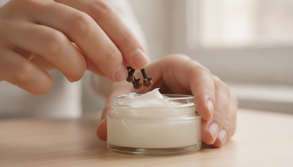 Close-up of hands adding whole cloves to a small tub of white Vaseline jelly The setting is a clean surface with diffuse