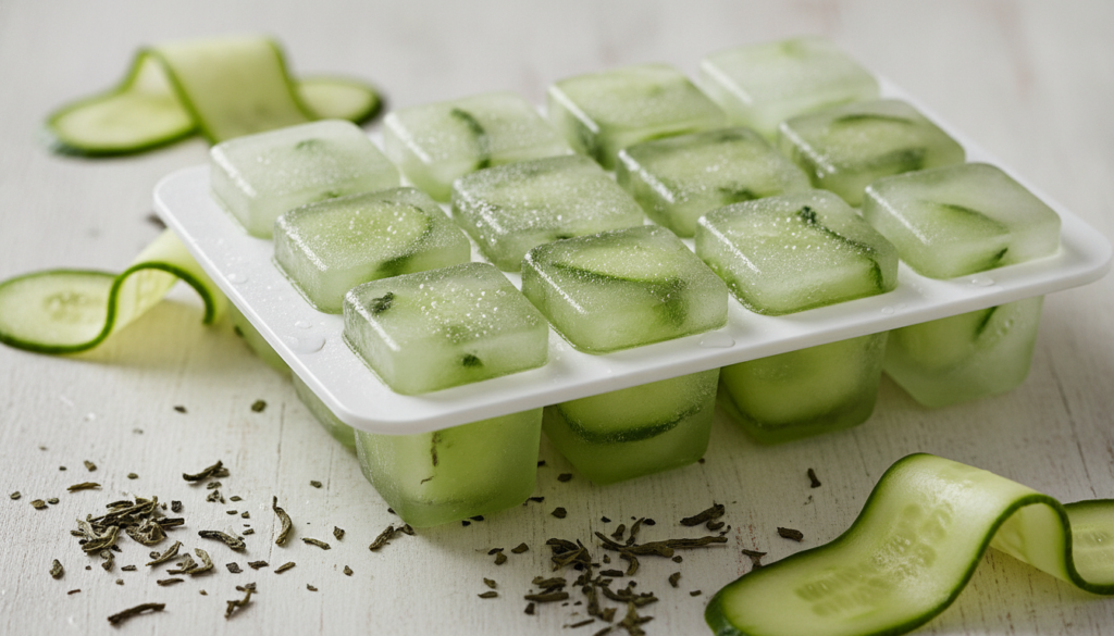 Close-up of frozen green tea and cucumber ice cubes in an ice tray with fresh cucumber slices and green tea leaves nearb