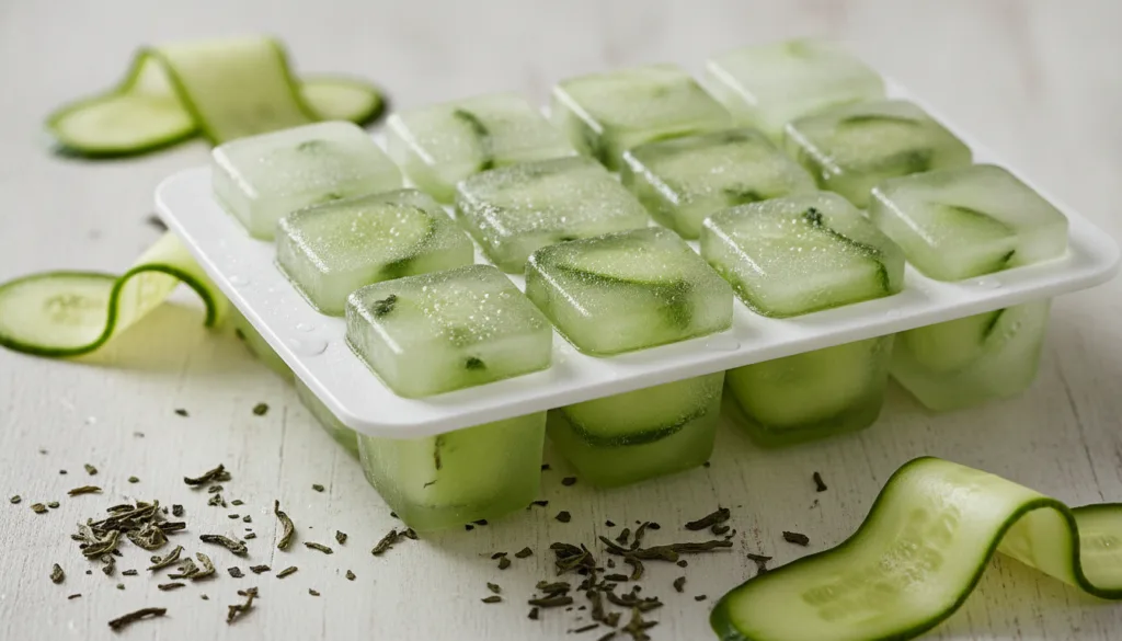 Close-up of frozen green tea and cucumber ice cubes in an ice tray with fresh cucumber slices and green tea leaves nearb