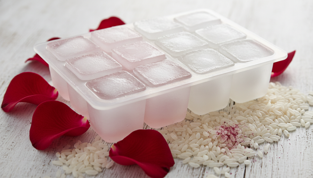 Rose water ice cubes and rice water ice cubes in separate sections of an ice tray with fresh rose petals and rice grains