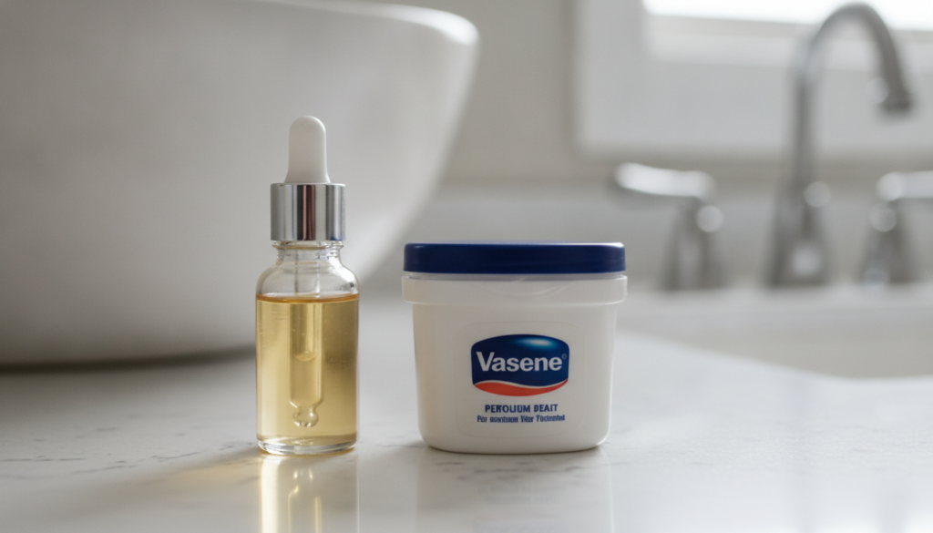 A small glass bottle of Vitamin E oil and a tub of Vaseline on a clean light-colored bathroom counter with a soft natura
