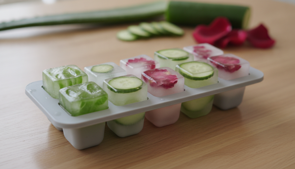 A variety of colorful DIY beauty ice cubes made from natural ingredients like aloe vera cucumber and rose water arranged