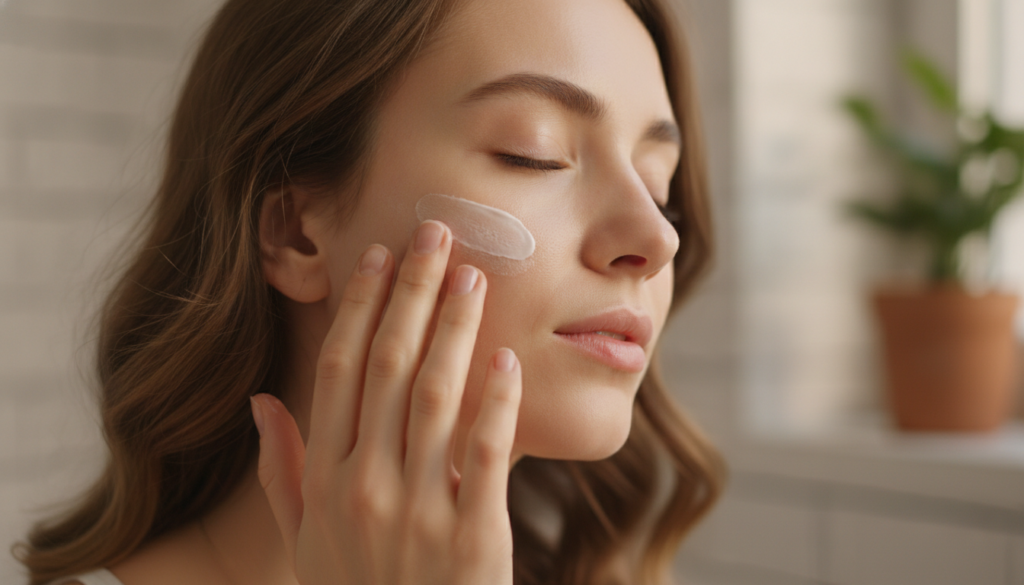 A woman gently massaging the Vitamin E and Vaseline mixture onto her cheek and under-eye area with a soft warm glow on h