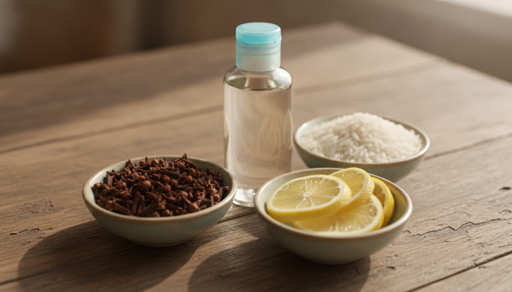 A close-up shot of small bowls containing dried cloves rice grains and sliced lemons arranged neatly around a bottle of 